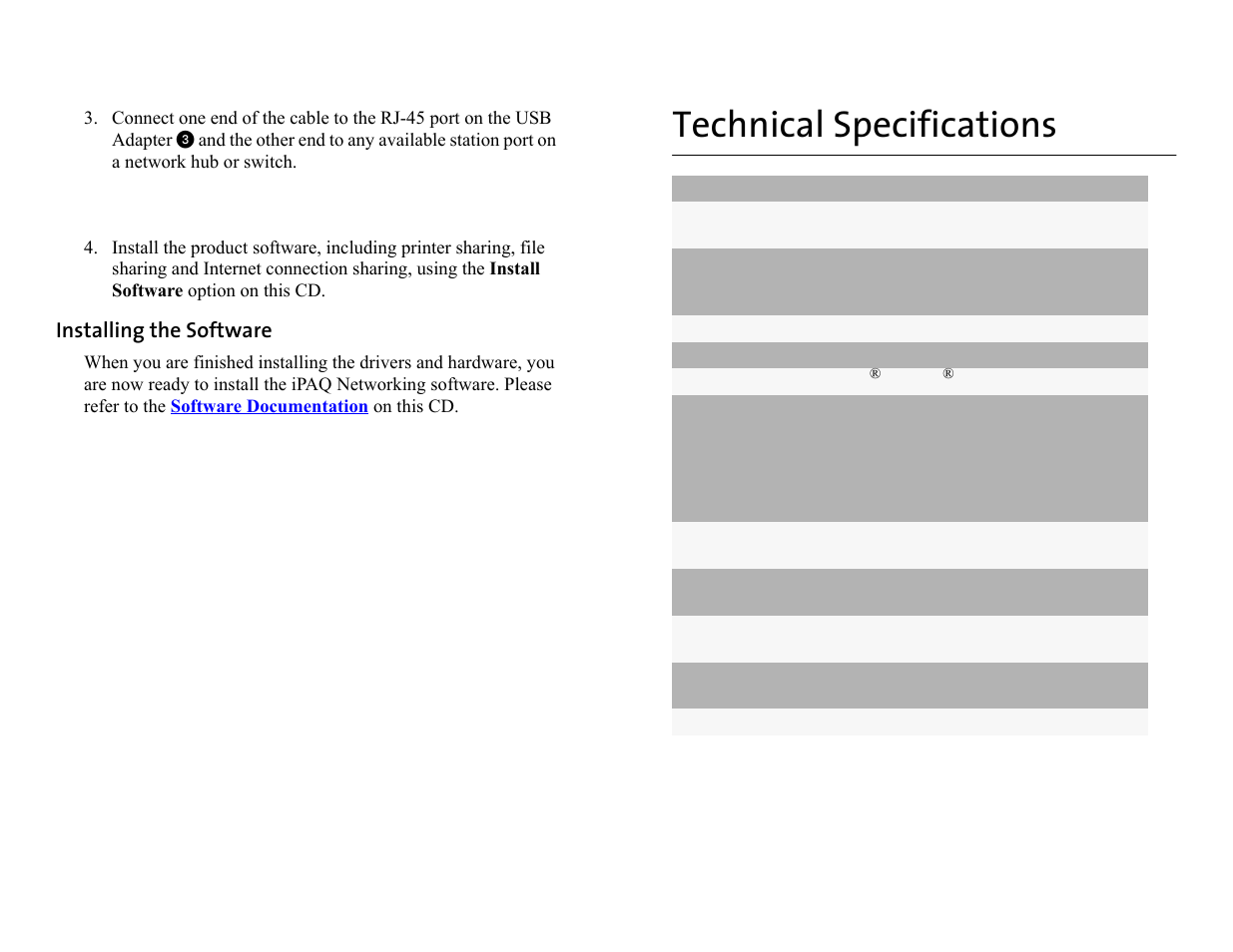 Technical specifications, Installing the software | Compaq iPaq HNE-200 User Manual | Page 8 / 10