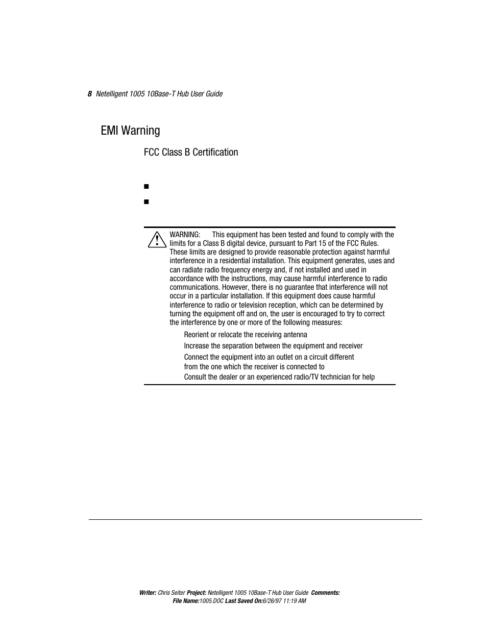 Emi warning, Fcc class b certification | Compaq Netelligent 1005 User Manual | Page 11 / 14