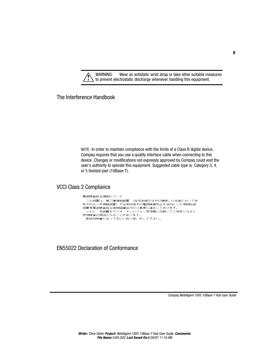 The interference handbook, Vcci class 2 compliance | Compaq Netelligent 1005 User Manual | Page 12 / 14