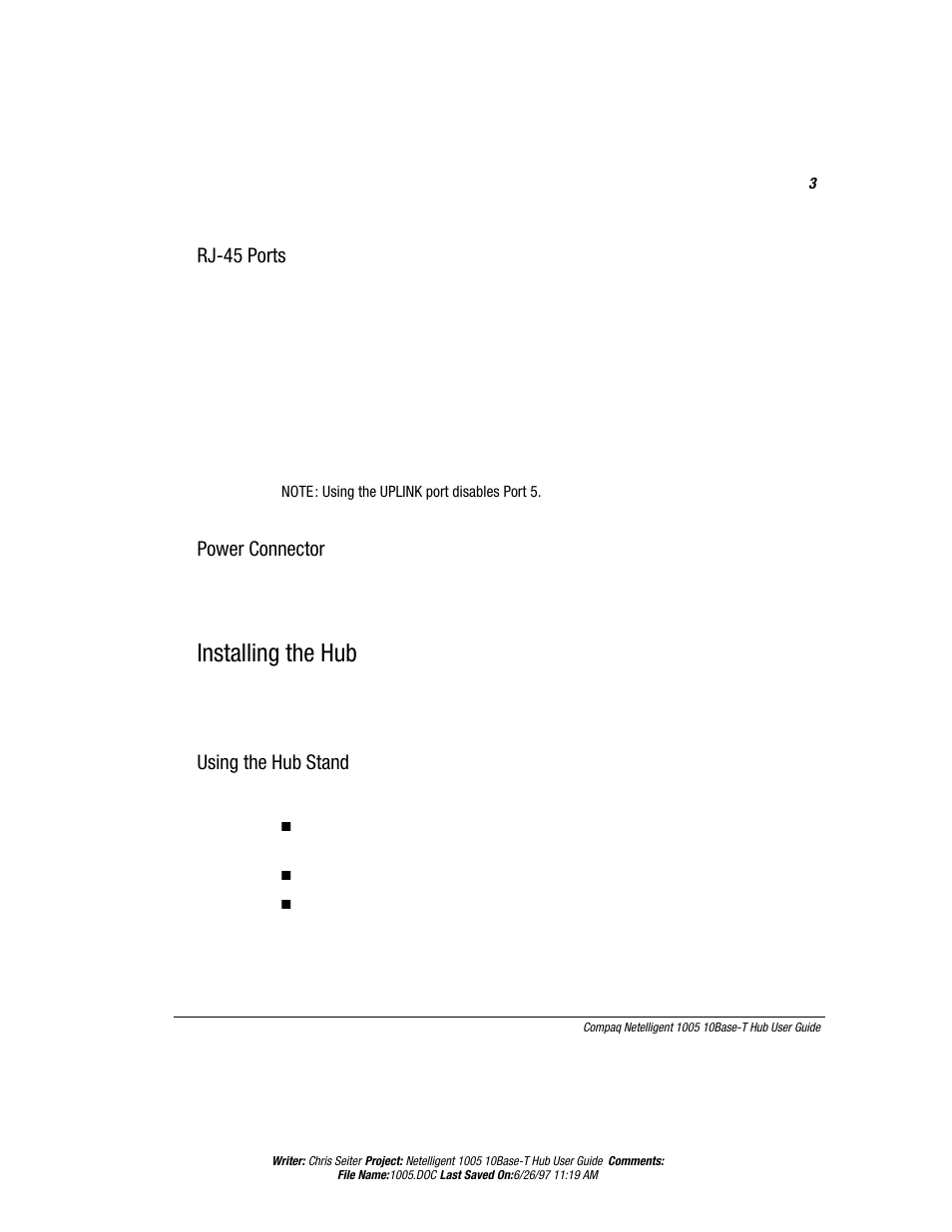 Installing the hub, Rj-45 ports, Power connector | Using the hub stand | Compaq Netelligent 1005 User Manual | Page 6 / 14
