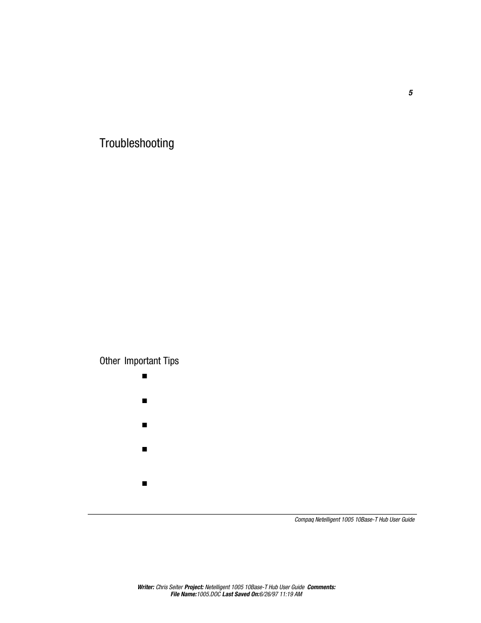 Troubleshooting, Other important tips | Compaq Netelligent 1005 User Manual | Page 8 / 14