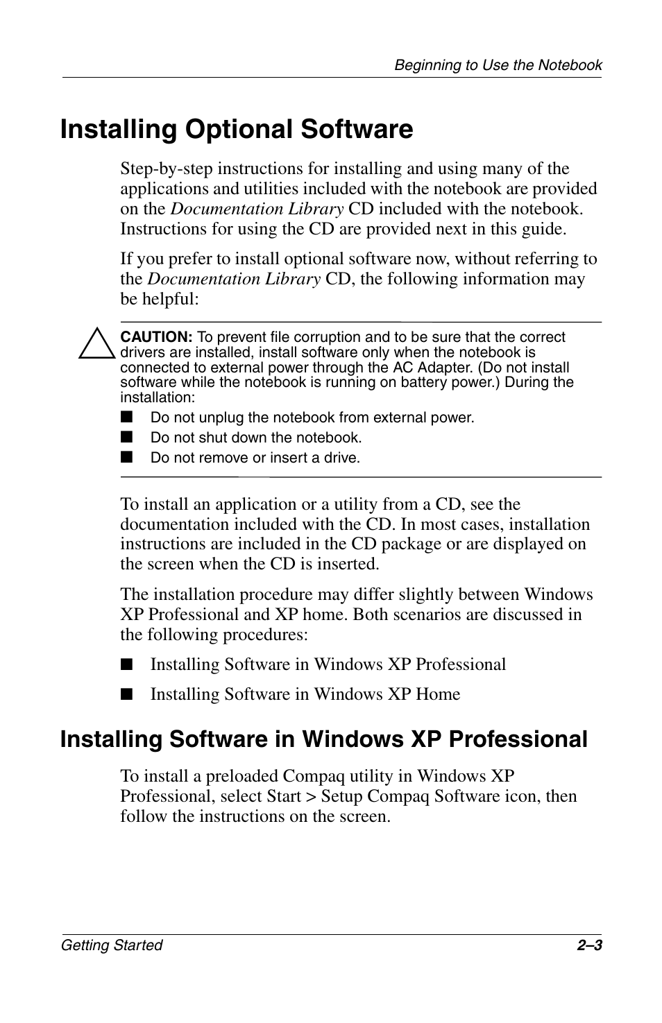 Installing optional software, Installing software in windows xp professional | Compaq 272637-001 User Manual | Page 19 / 56