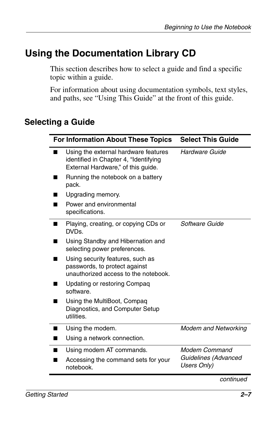 Using the documentation library cd, Selecting a guide | Compaq 272637-001 User Manual | Page 23 / 56