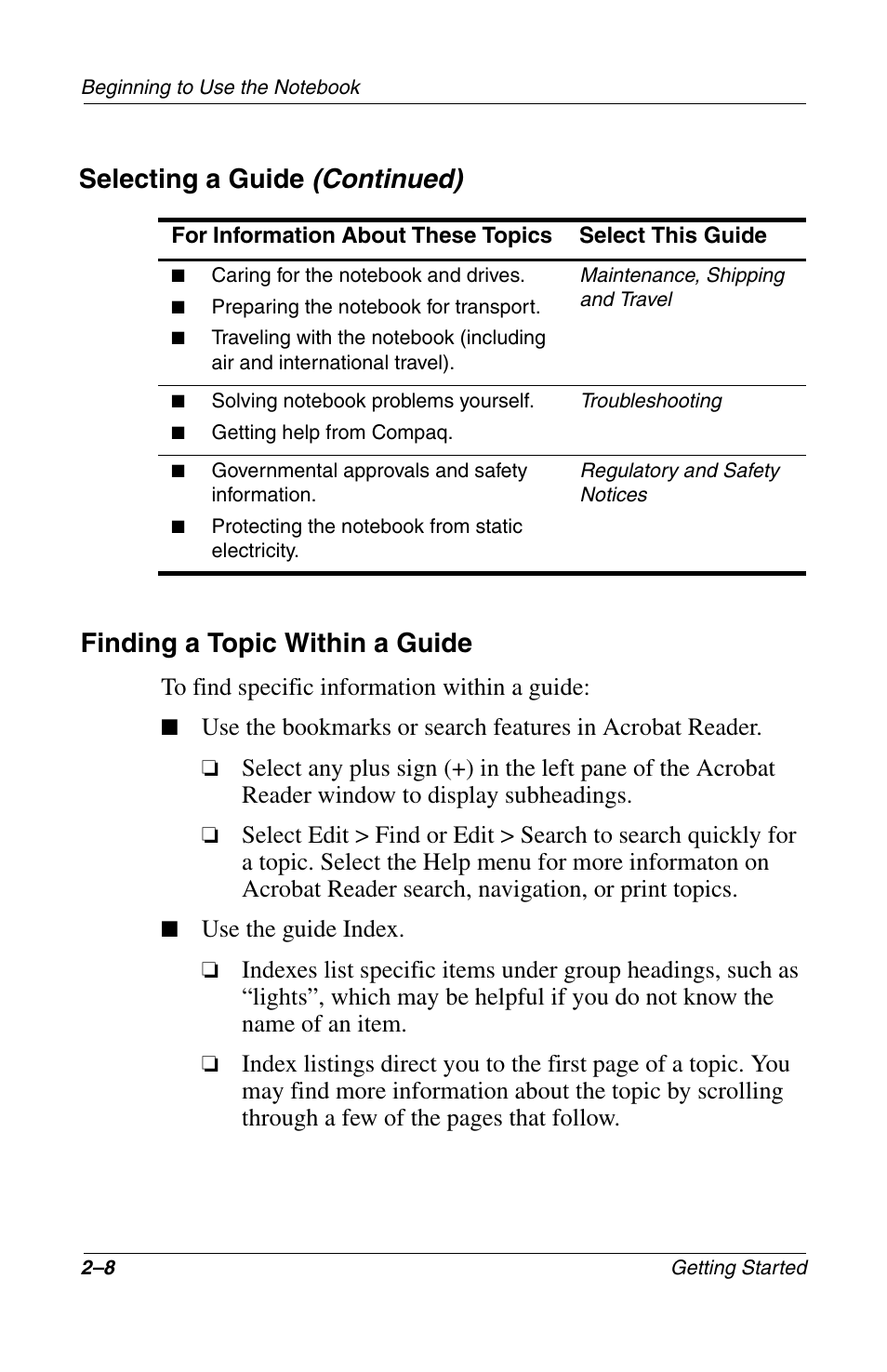 Continued), Finding a topic within a guide, Selecting a guide | Compaq 272637-001 User Manual | Page 24 / 56