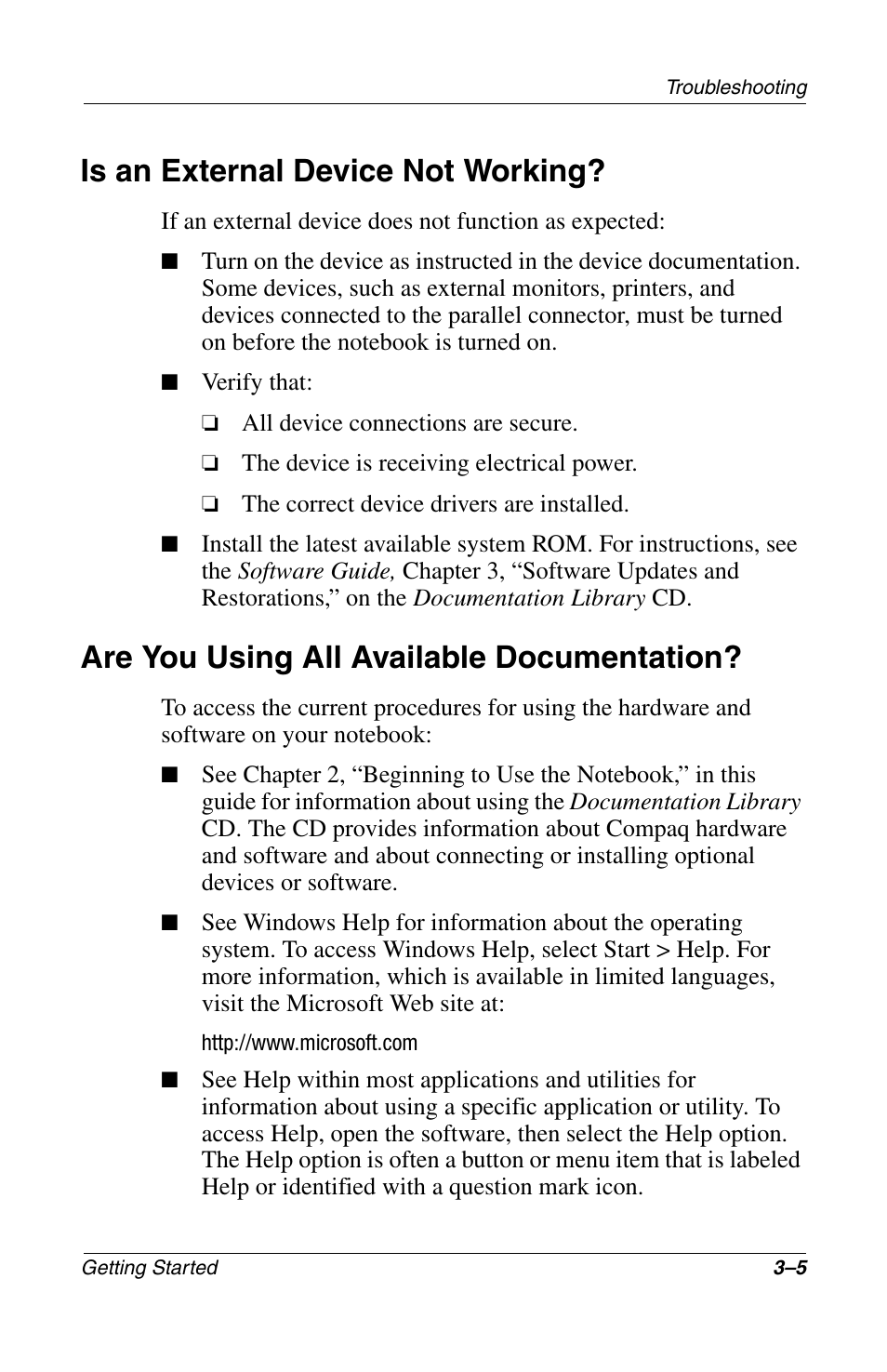 Is an external device not working, Are you using all available documentation | Compaq 272637-001 User Manual | Page 29 / 56