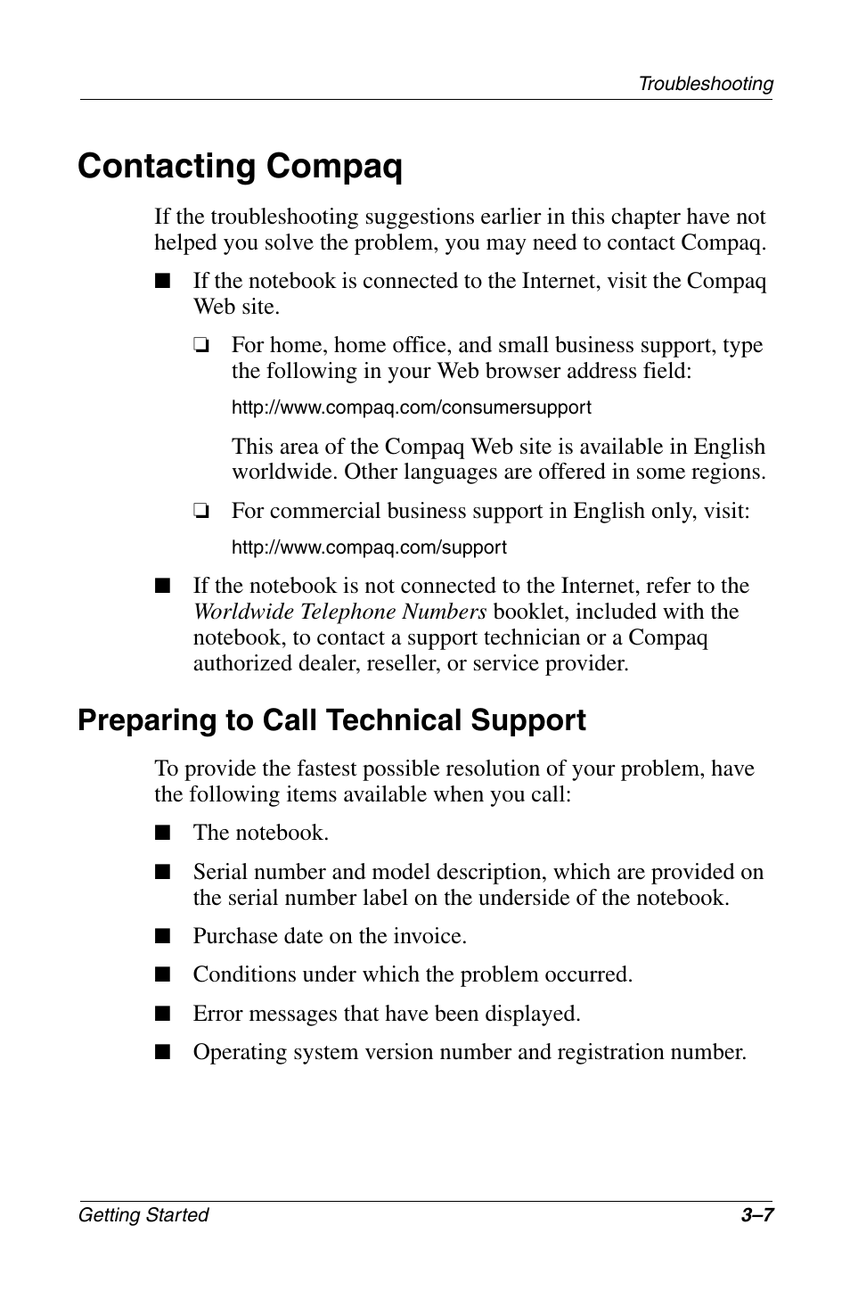 Contacting compaq, Preparing to call technical support | Compaq 272637-001 User Manual | Page 31 / 56