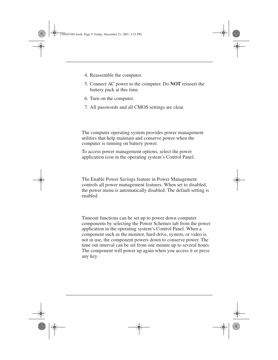 3 power management, Enabling power savings, Timeout settings | 3 power management –9, Enabling power savings –9 timeout settings –9 | Compaq 110 User Manual | Page 14 / 153