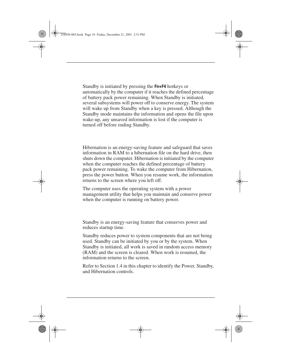 Setting standby, Hibernation, Standby | Setting standby –10 hibernation –10 standby –10 | Compaq 110 User Manual | Page 15 / 153