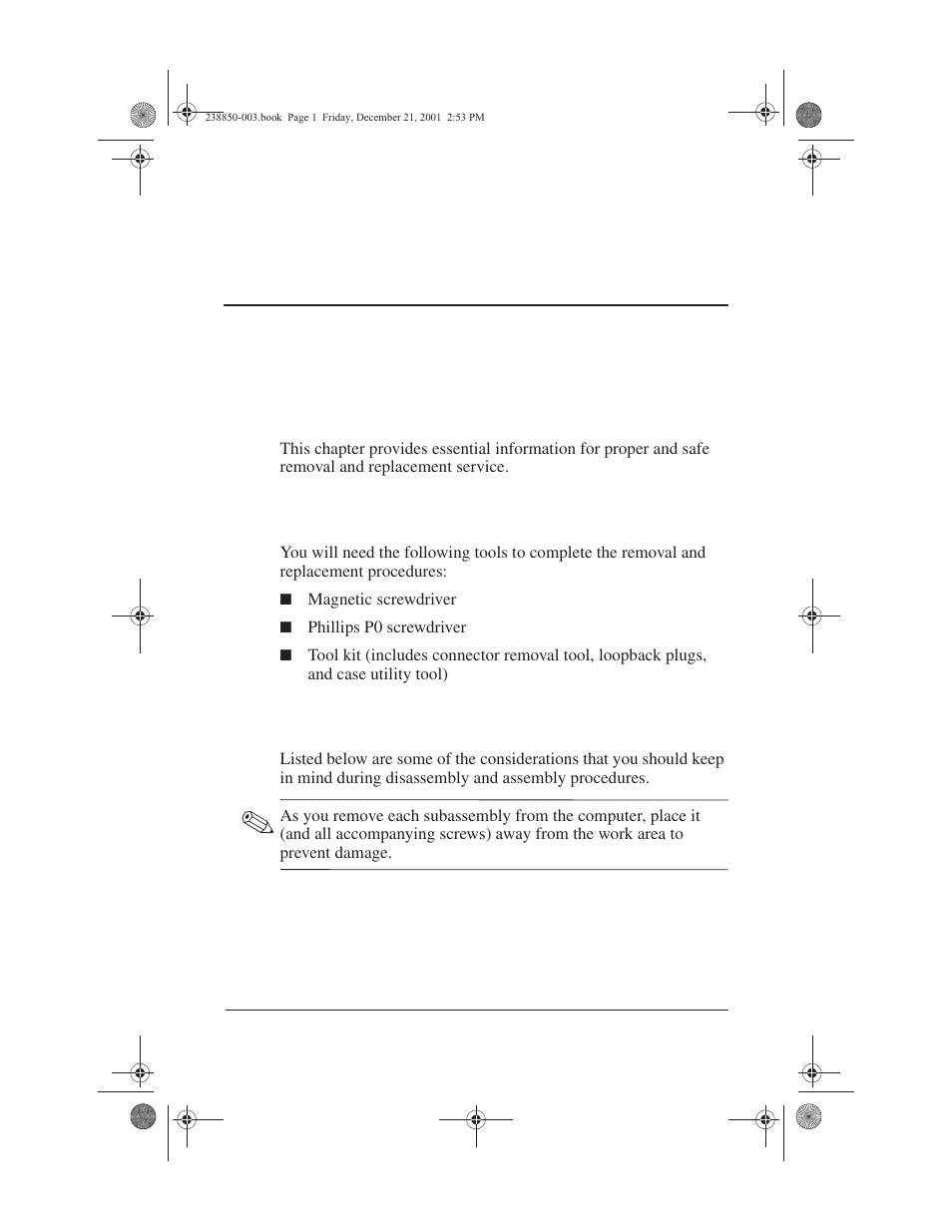 Removal and replacement preliminaries, 1 tools required, 2 service considerations | 1 tools required –1 4.2 service considerations –1 | Compaq 110 User Manual | Page 62 / 153