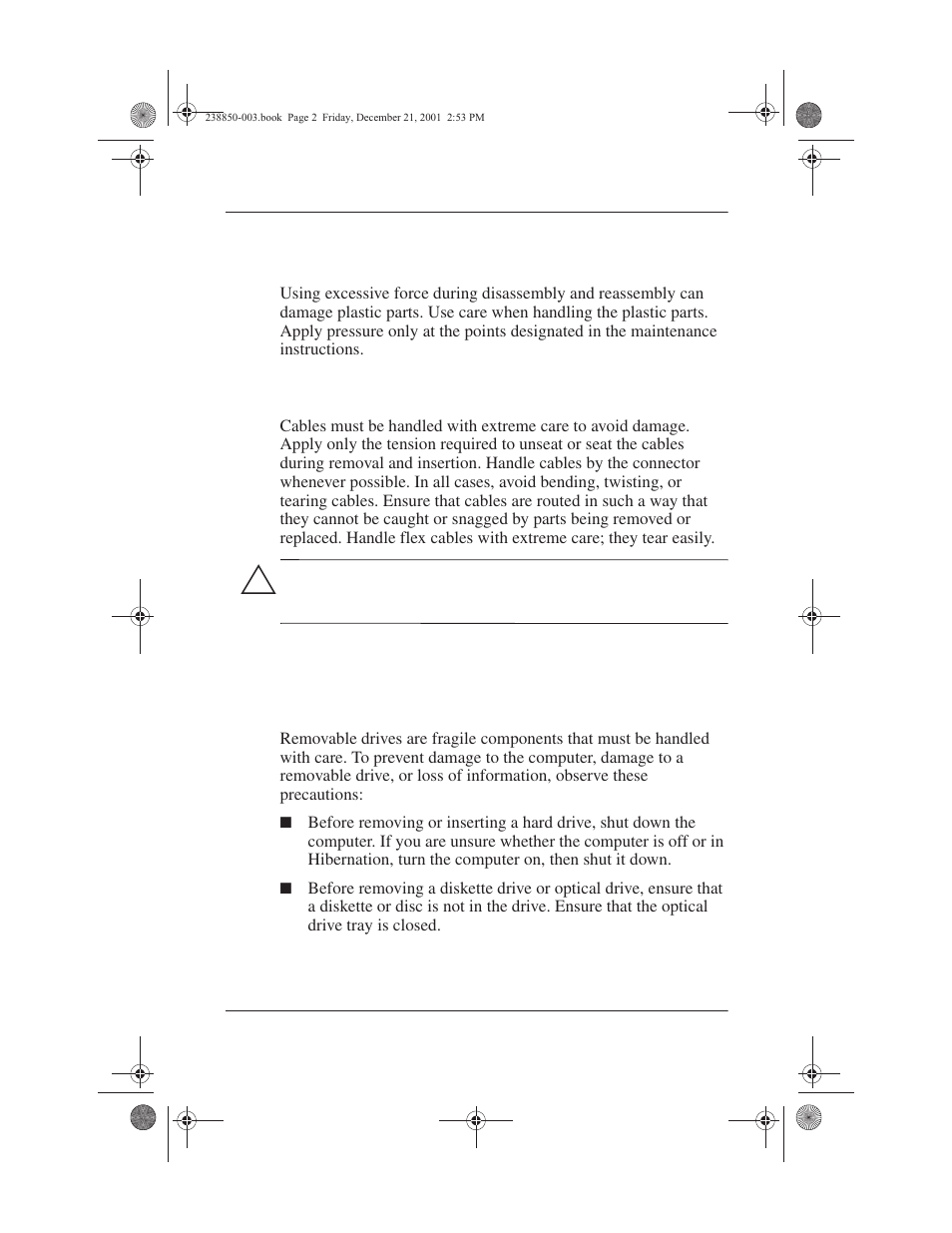 Plastic parts, Cables and connectors, 3 preventing damage to removabledrives | Plastic parts –2 cables and connectors –2, 3 preventing damage to removable drives –2, 3 preventing damage to removable drives | Compaq 110 User Manual | Page 63 / 153