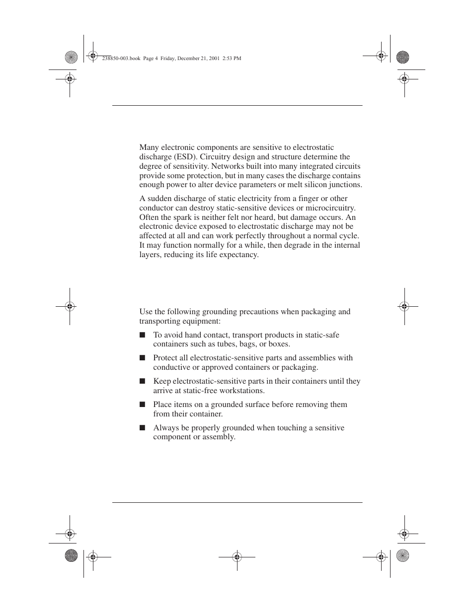 4 preventing electrostatic damage, 5 packaging and transporting precautions | Compaq 110 User Manual | Page 65 / 153