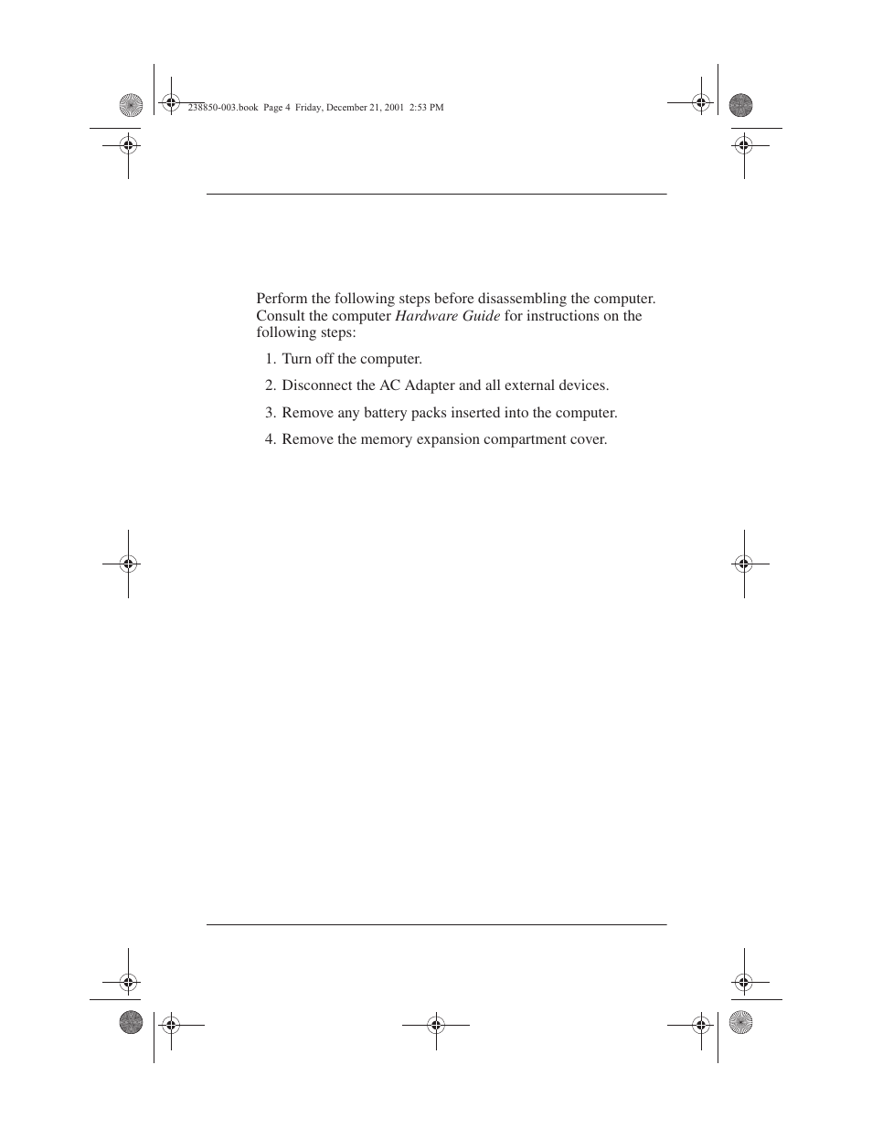 3 preparing the computer for disassembly, 3 preparing the computer for disassembly –4 | Compaq 110 User Manual | Page 72 / 153