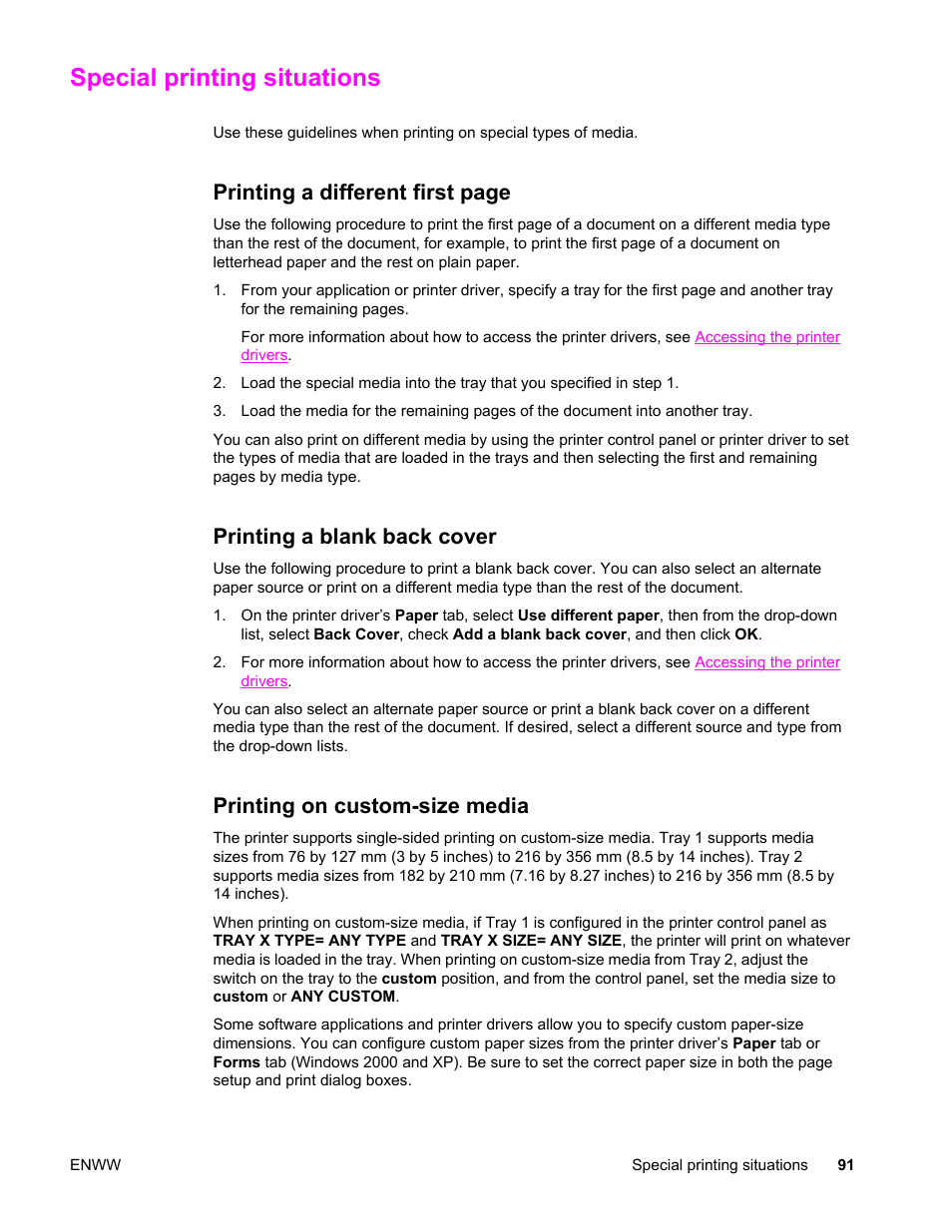 Special printing situations, Printing a blank back cover, Printing on custom-size media | Printing a different first page | HP LaserJet 4610n User Manual | Page 103 / 246