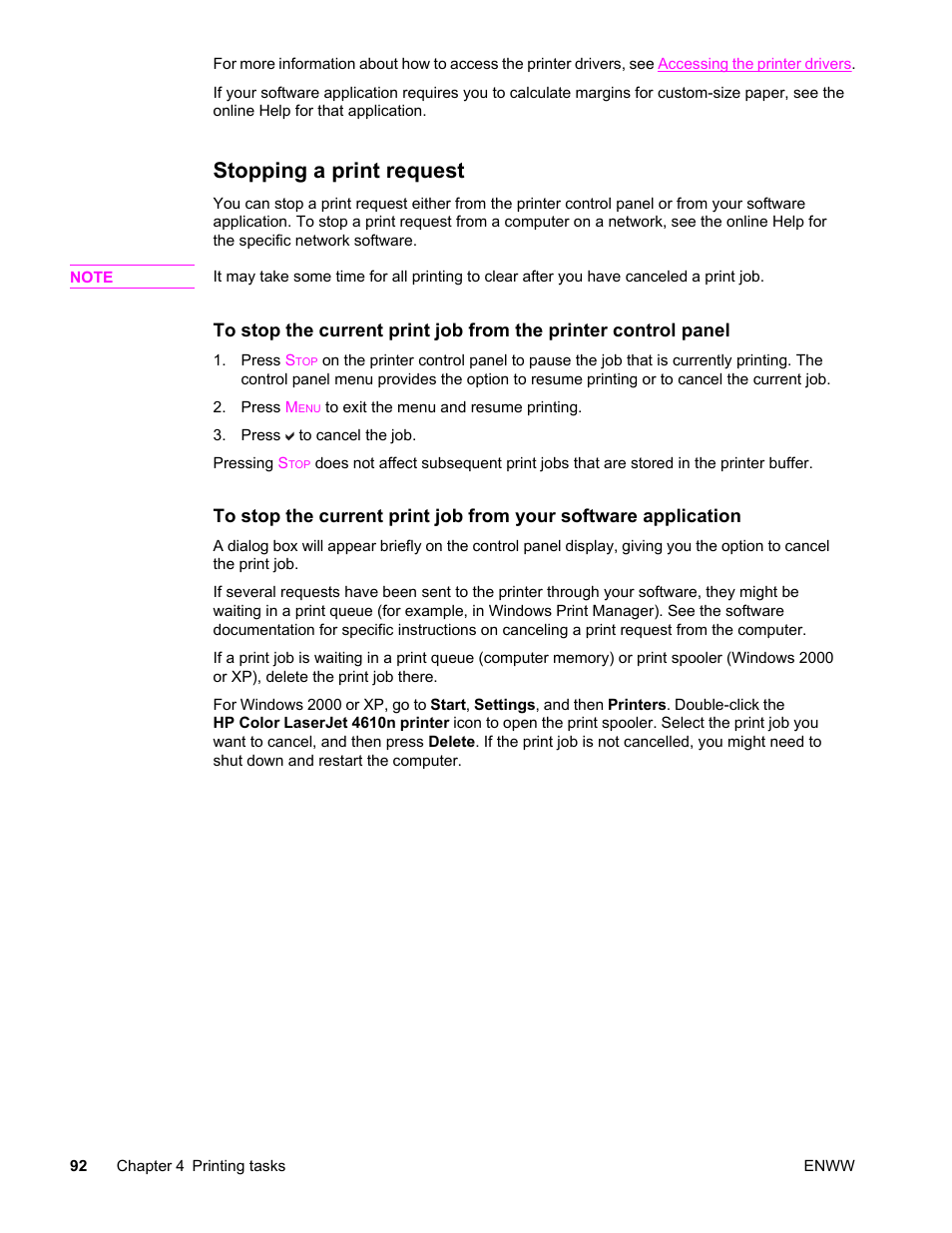 Stopping a print request | HP LaserJet 4610n User Manual | Page 104 / 246