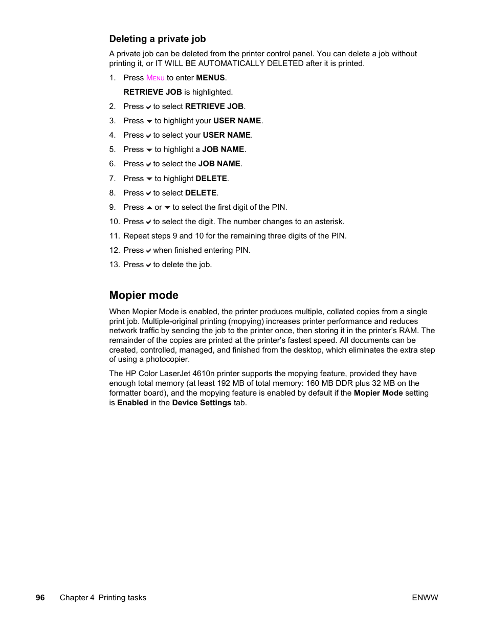 Mopier mode | HP LaserJet 4610n User Manual | Page 108 / 246