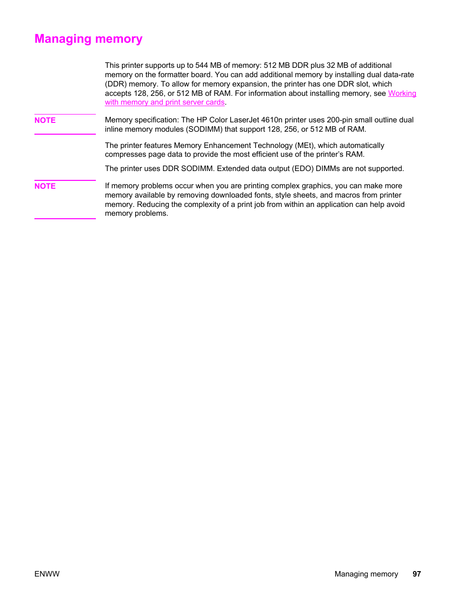 Managing memory | HP LaserJet 4610n User Manual | Page 109 / 246