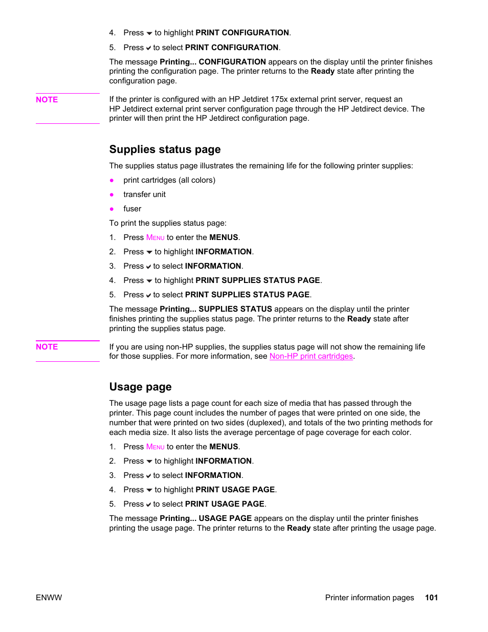 Supplies status page, Usage page | HP LaserJet 4610n User Manual | Page 113 / 246