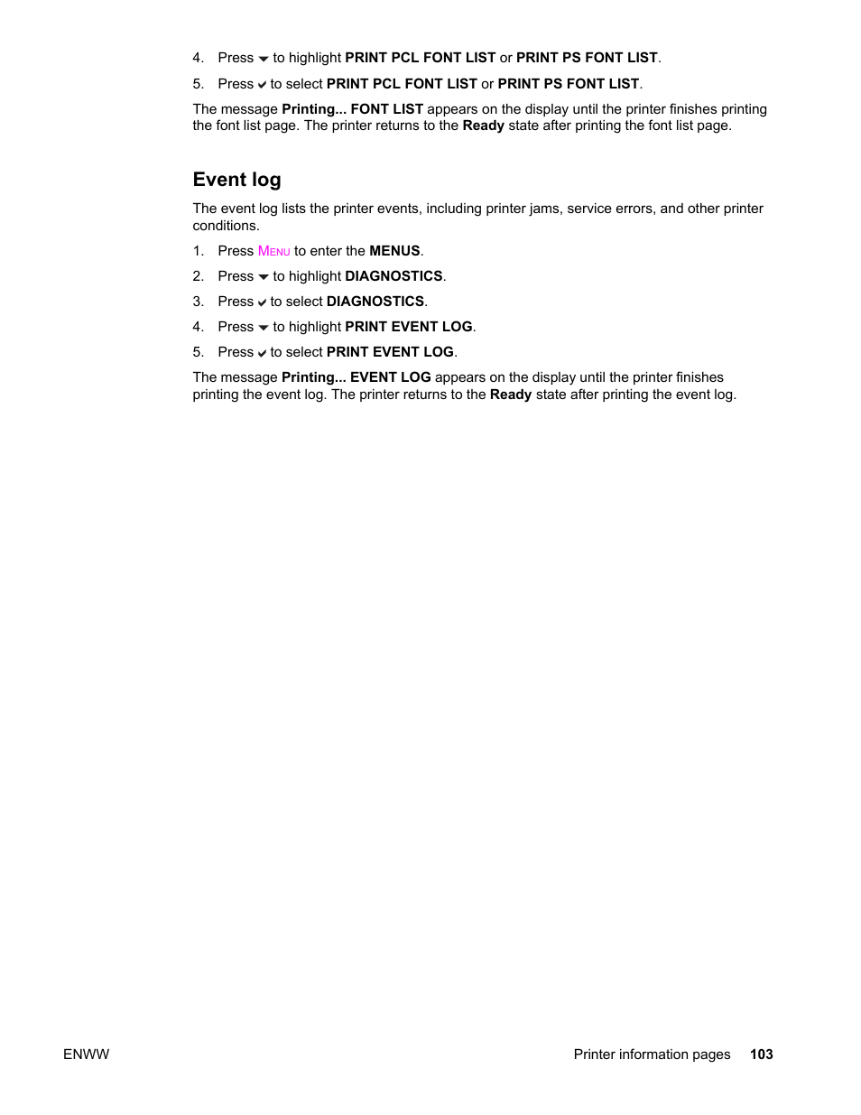 Event log | HP LaserJet 4610n User Manual | Page 115 / 246