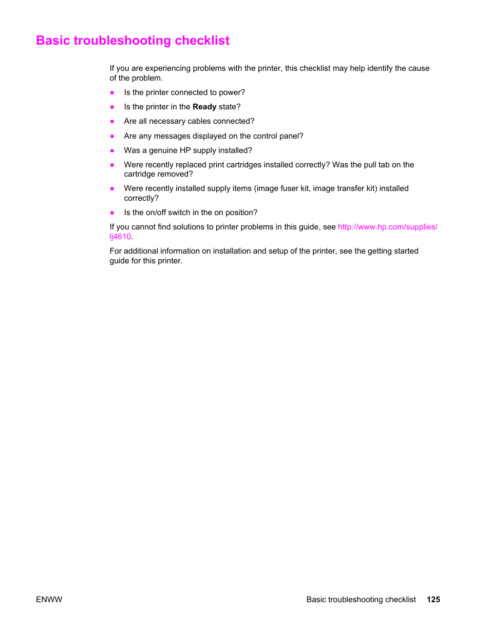 Basic troubleshooting checklist | HP LaserJet 4610n User Manual | Page 137 / 246