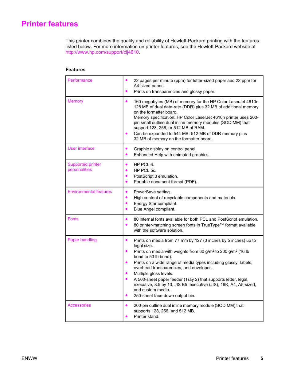 Printer features | HP LaserJet 4610n User Manual | Page 17 / 246