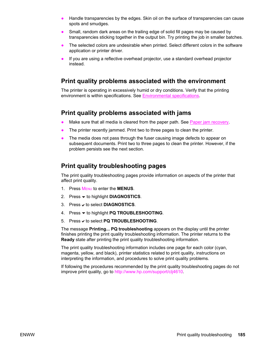 Print quality problems associated with jams, Print quality troubleshooting pages | HP LaserJet 4610n User Manual | Page 197 / 246