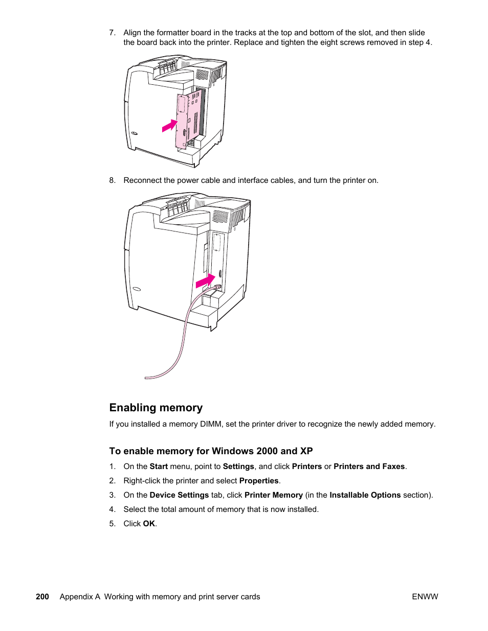 Enabling memory | HP LaserJet 4610n User Manual | Page 212 / 246