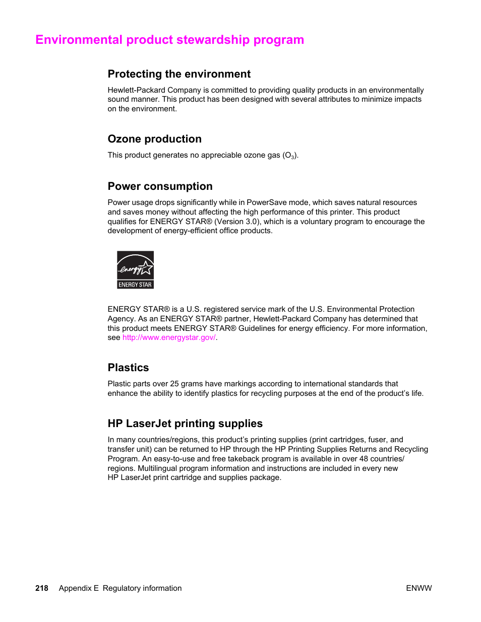 Environmental product stewardship program, Protecting the environment, Ozone production | Power consumption, Plastics, Hp laserjet printing supplies, Protecting the environment ozone production | HP LaserJet 4610n User Manual | Page 230 / 246