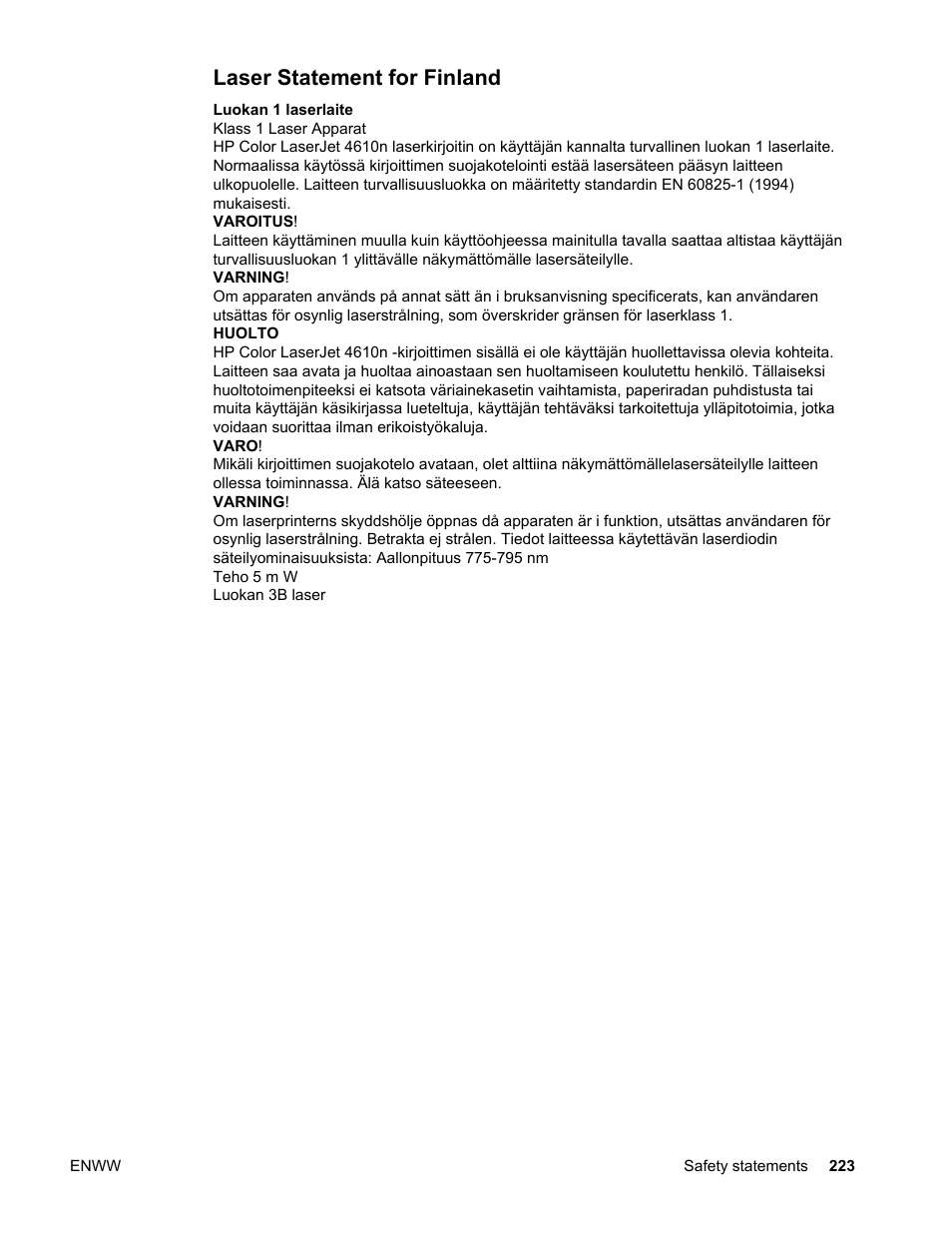 Laser statement for finland | HP LaserJet 4610n User Manual | Page 235 / 246