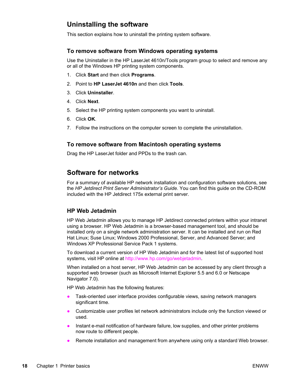 Uninstalling the software, Software for networks, Uninstalling the software software for networks | HP LaserJet 4610n User Manual | Page 30 / 246