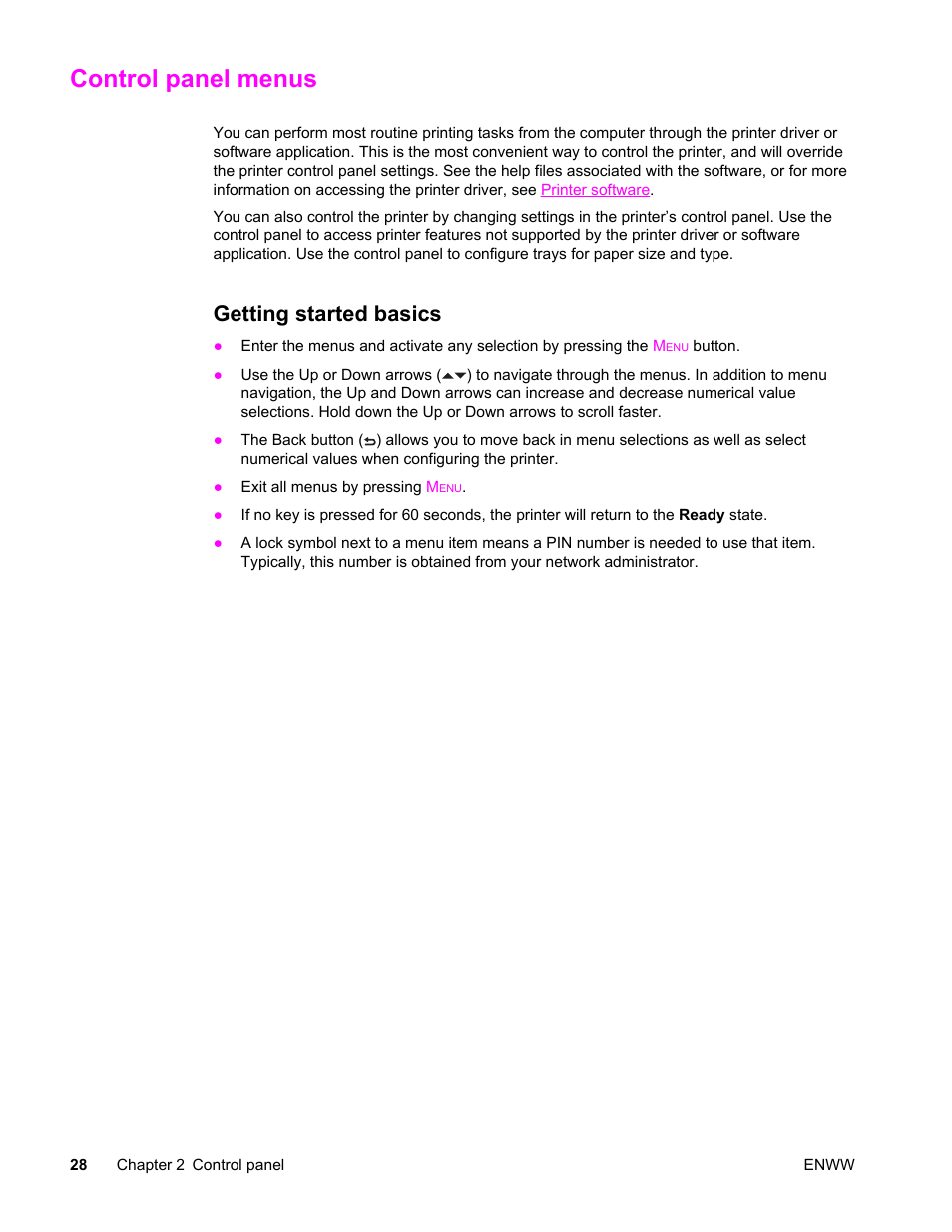 Control panel menus, Getting started basics | HP LaserJet 4610n User Manual | Page 40 / 246