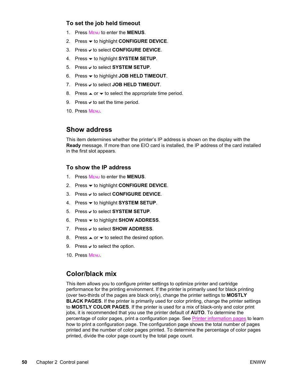 Show address, Color/black mix, Show address color/black mix | HP LaserJet 4610n User Manual | Page 62 / 246