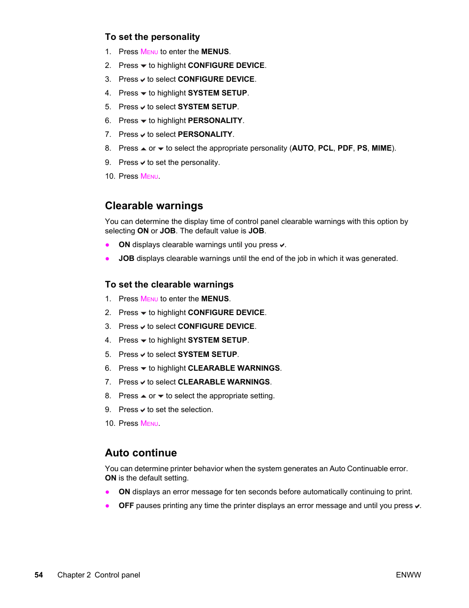 Clearable warnings, Auto continue, Clearable warnings auto continue | HP LaserJet 4610n User Manual | Page 66 / 246