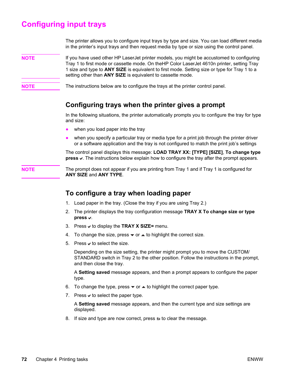 Configuring input trays, Configuring trays when the printer gives a prompt, To configure a tray when loading paper | HP LaserJet 4610n User Manual | Page 84 / 246