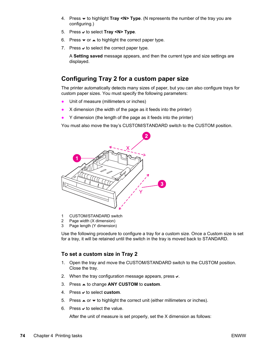 Configuring tray 2 for a custom paper size | HP LaserJet 4610n User Manual | Page 86 / 246