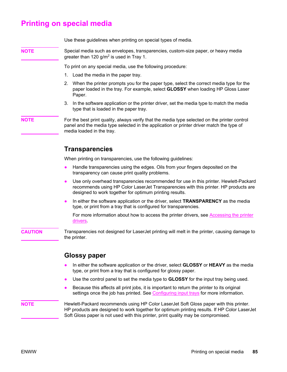 Printing on special media, Transparencies, Glossy paper | Transparencies glossy paper | HP LaserJet 4610n User Manual | Page 97 / 246