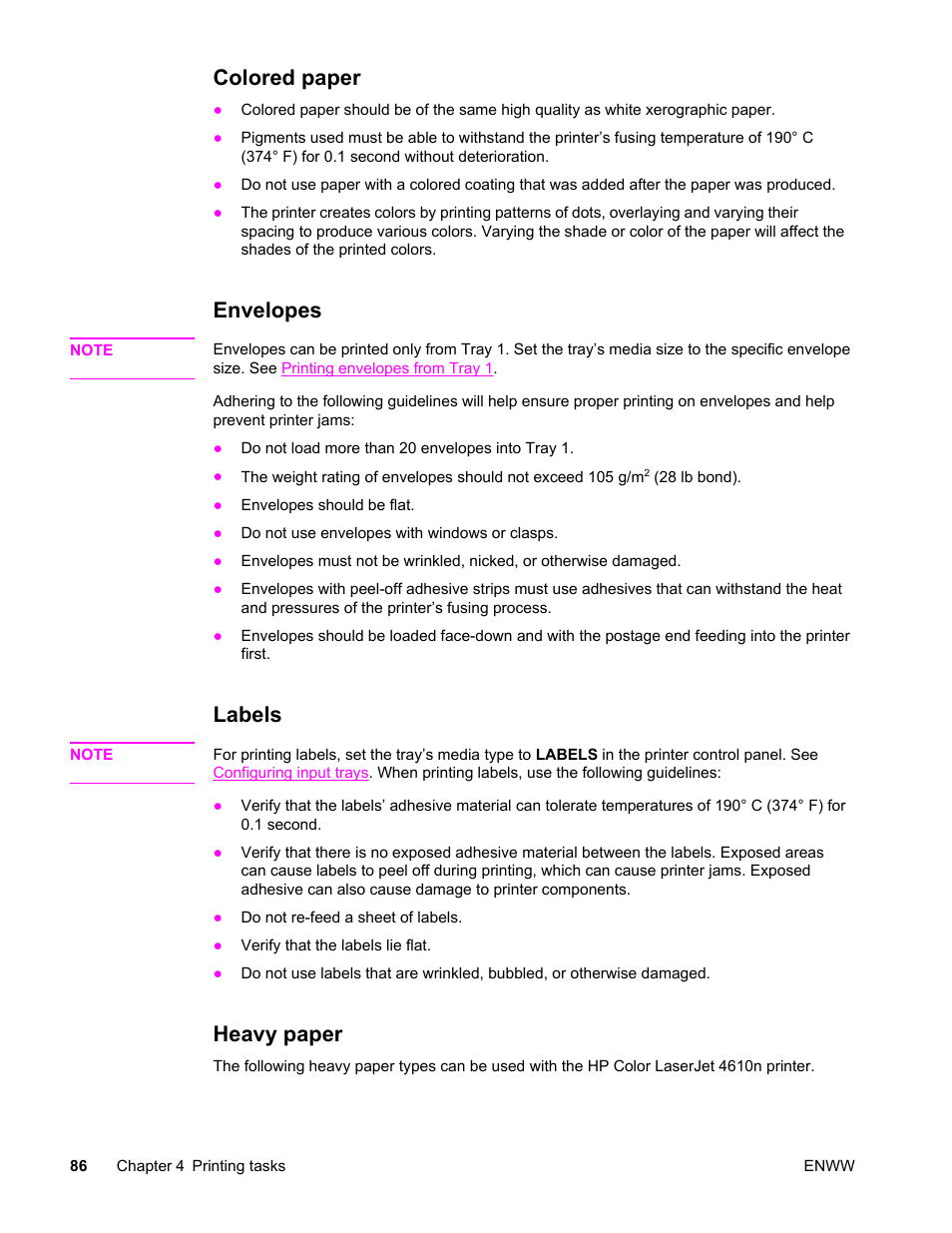 Colored paper, Envelopes, Labels | Heavy paper, Colored paper envelopes, Labels heavy paper | HP LaserJet 4610n User Manual | Page 98 / 246