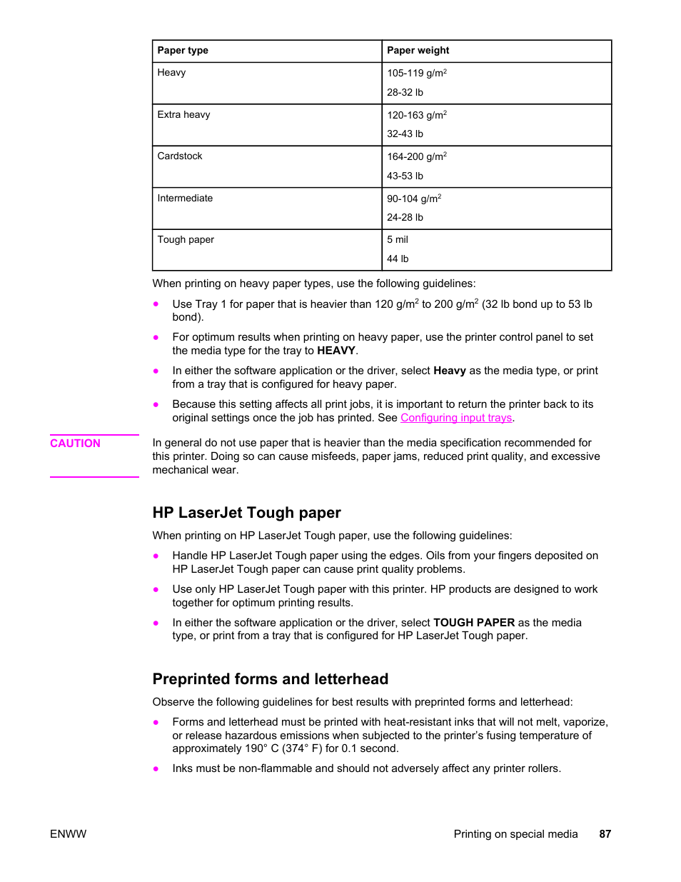 Hp laserjet tough paper, Preprinted forms and letterhead | HP LaserJet 4610n User Manual | Page 99 / 246