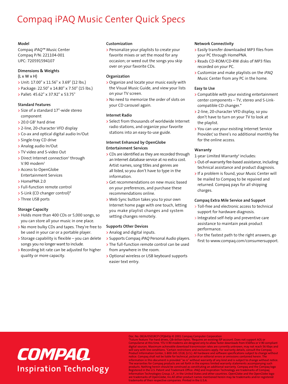Compaq ipaq music center quick specs | Compaq Home Theater Server User Manual | Page 2 / 2