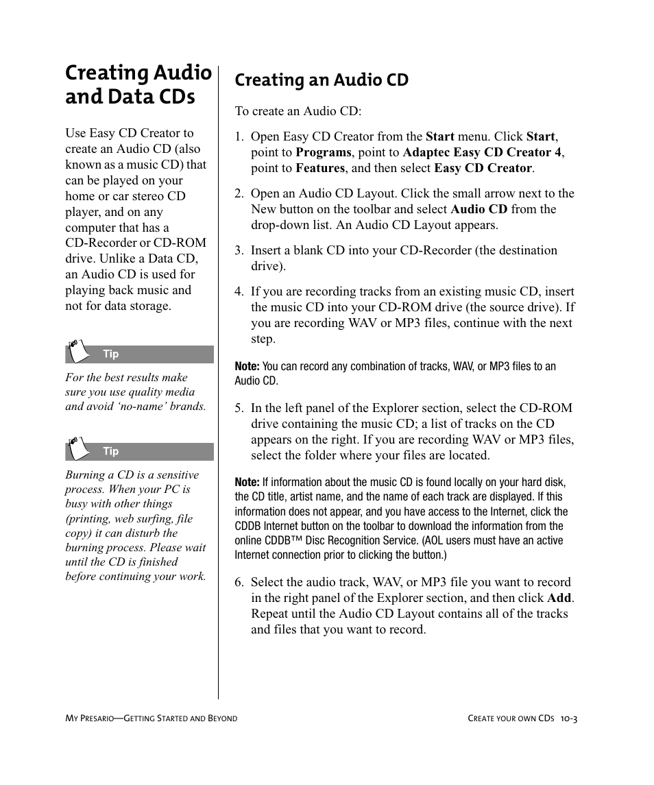 Creating audio and data cds, Creating an audio cd | Compaq Presario Internet PC User Manual | Page 101 / 140
