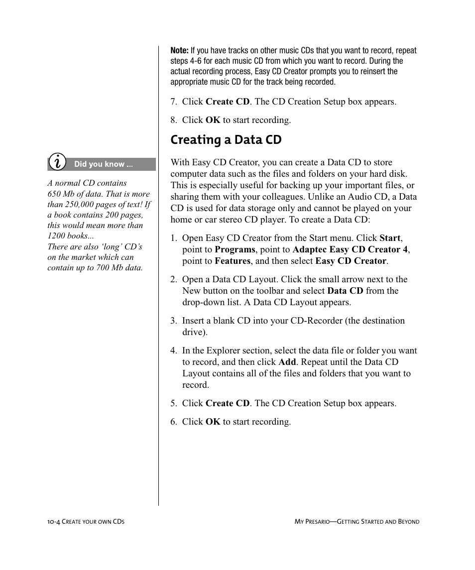Creating a data cd | Compaq Presario Internet PC User Manual | Page 102 / 140