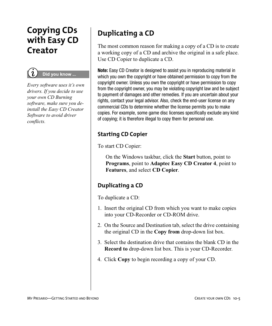 Copying cds with easy cd creator, Duplicating a cd, Starting cd copier | Compaq Presario Internet PC User Manual | Page 103 / 140