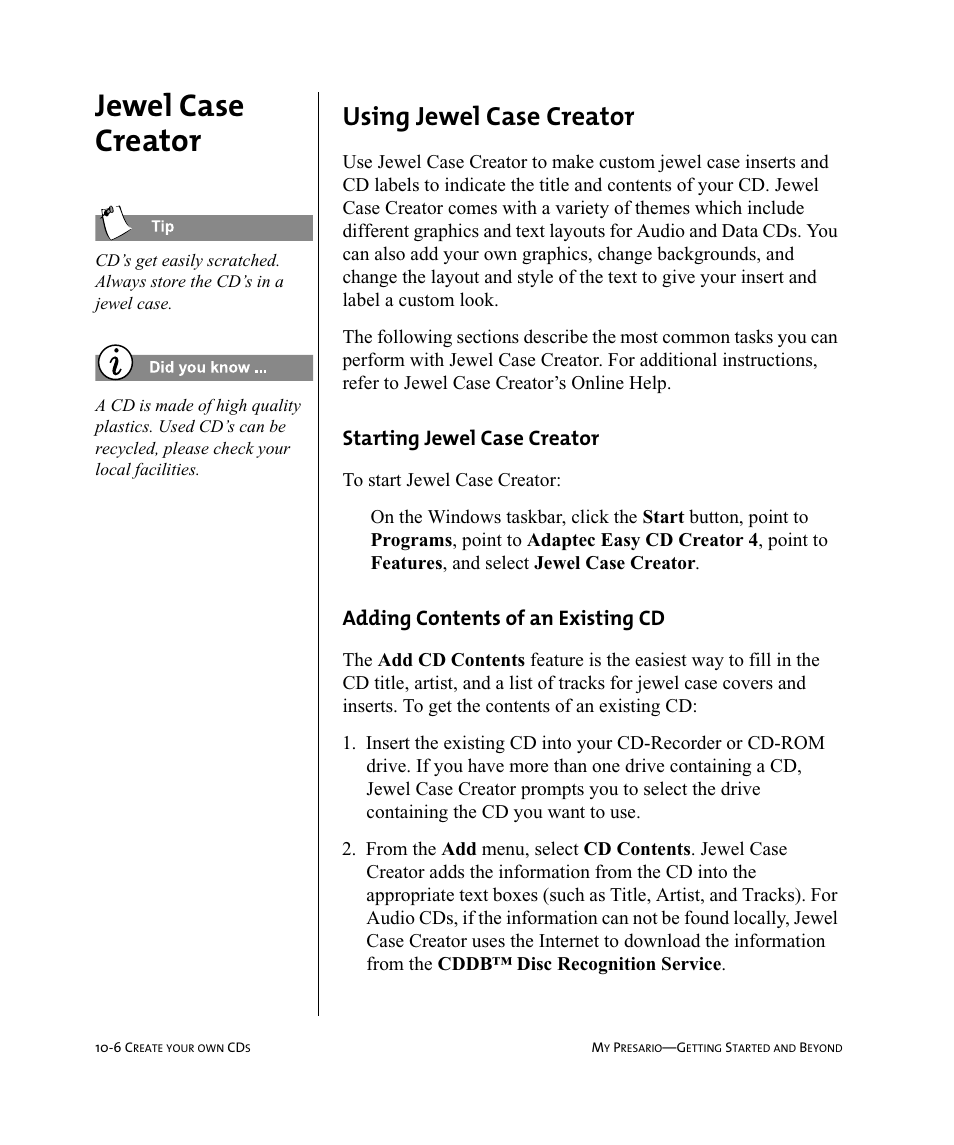 Jewel case creator, Using jewel case creator, Starting jewel case creator | Adding contents of an existing cd | Compaq Presario Internet PC User Manual | Page 104 / 140
