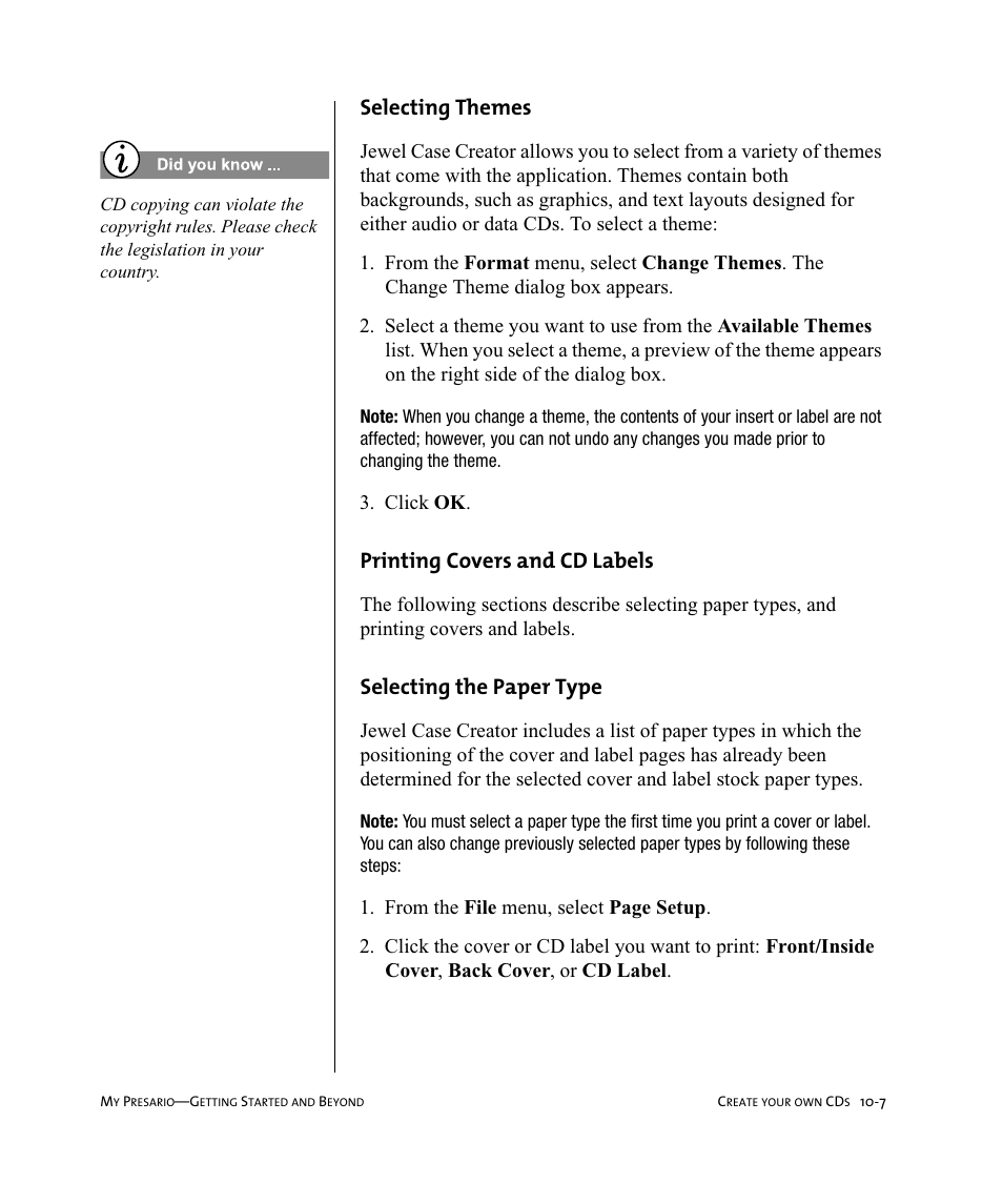 Selecting themes, Printing covers and cd labels, Selecting the paper type | Click ok | Compaq Presario Internet PC User Manual | Page 105 / 140