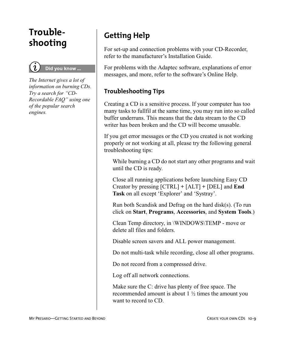 Trouble- shooting, Getting help, Troubleshooting tips | Compaq Presario Internet PC User Manual | Page 107 / 140