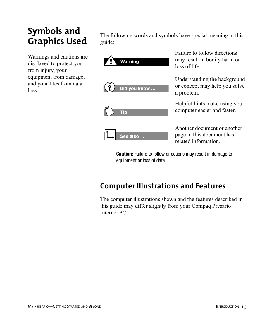 Symbols and graphics used, Computer illustrations and features | Compaq Presario Internet PC User Manual | Page 11 / 140