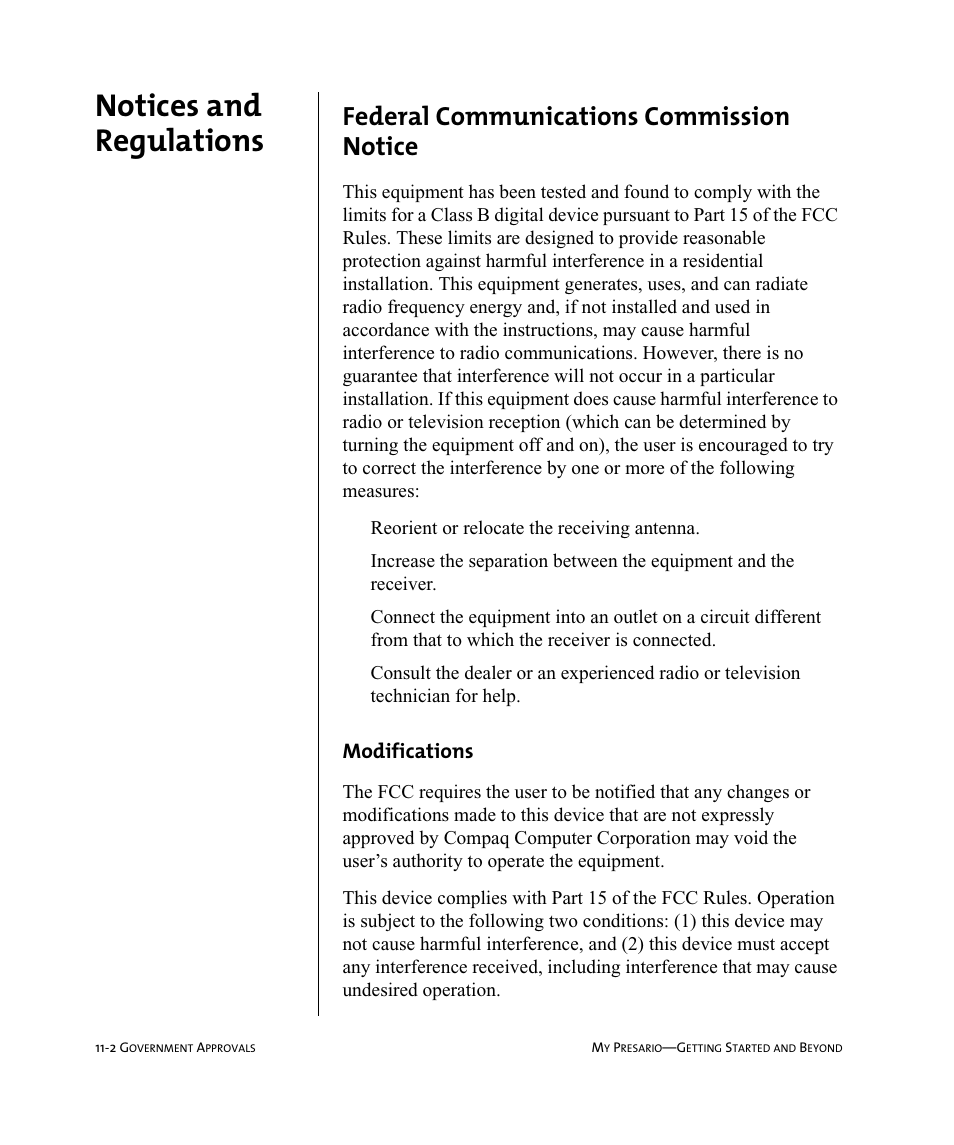 Notices and regulations, Federal communications commission notice, Modifications | Reorient or relocate the receiving antenna | Compaq Presario Internet PC User Manual | Page 110 / 140