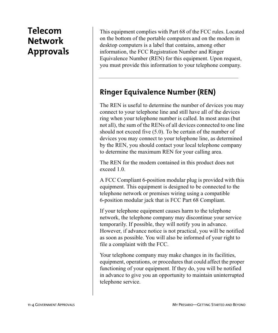 Telecom network approvals, Ringer equivalence number (ren) | Compaq Presario Internet PC User Manual | Page 112 / 140