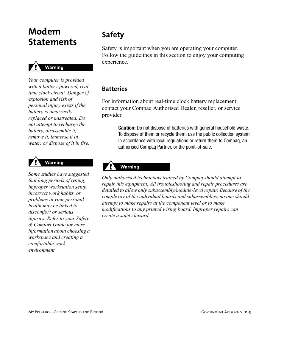 Modem statements, Safety, Batteries | Compaq Presario Internet PC User Manual | Page 113 / 140