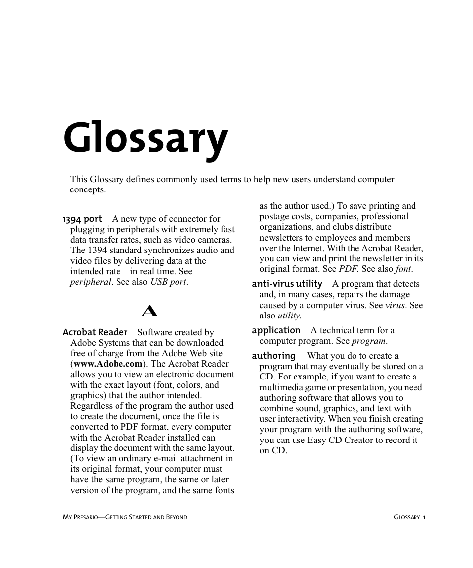 Glossary | Compaq Presario Internet PC User Manual | Page 115 / 140