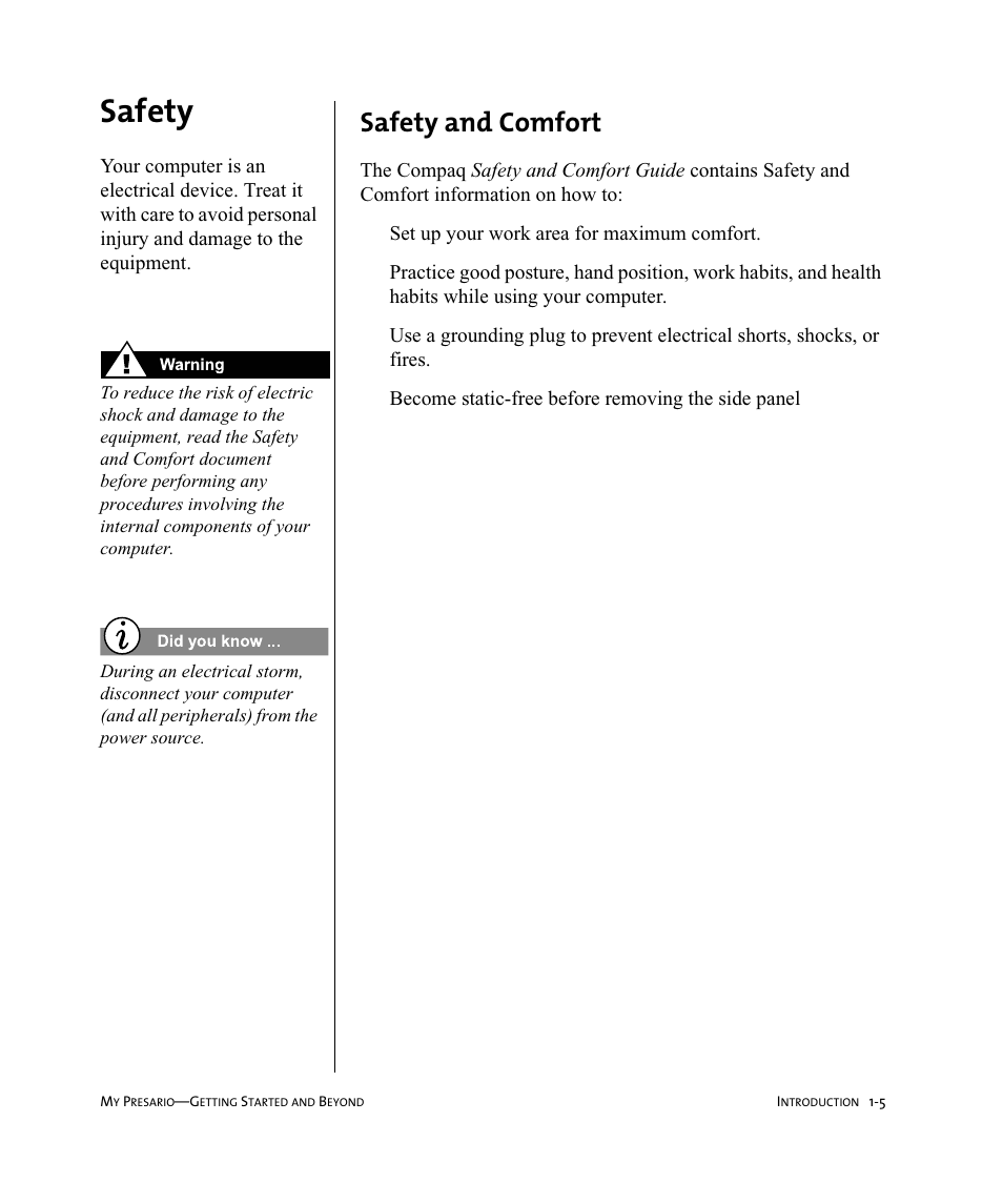 Safety, Safety and comfort, Set up your work area for maximum comfort | Become static-free before removing the side panel | Compaq Presario Internet PC User Manual | Page 13 / 140